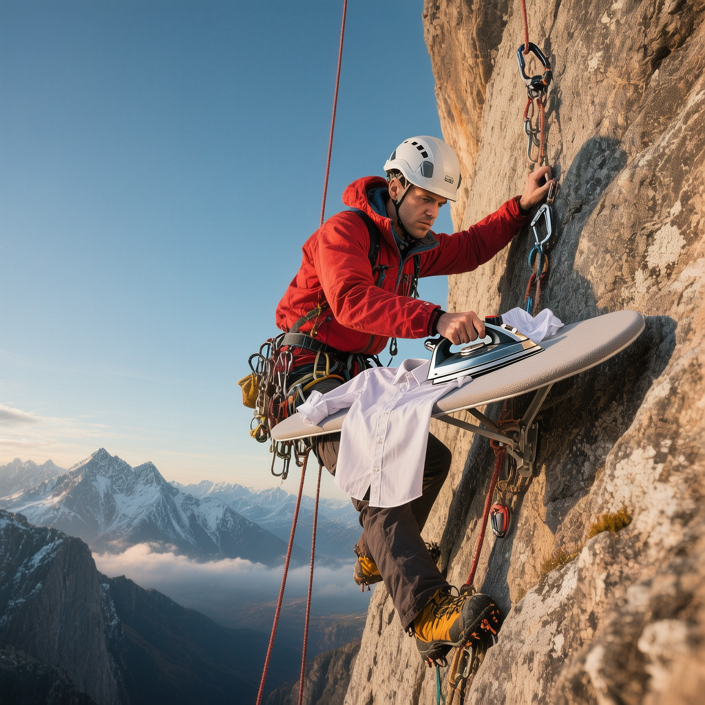Ein Bergsteiger hängt an einer Felswand und bügelt auf einem Bügelbrett