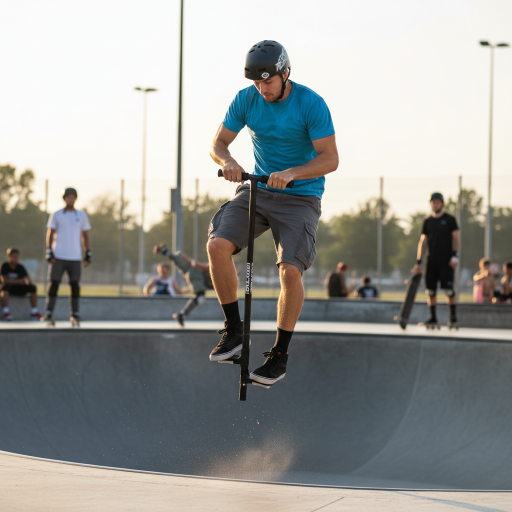 Ein Athlet zeigt einen Trick auf einem Extreme-Pogo-Stick im Skatepark, ausgestattet mit einem Helm.