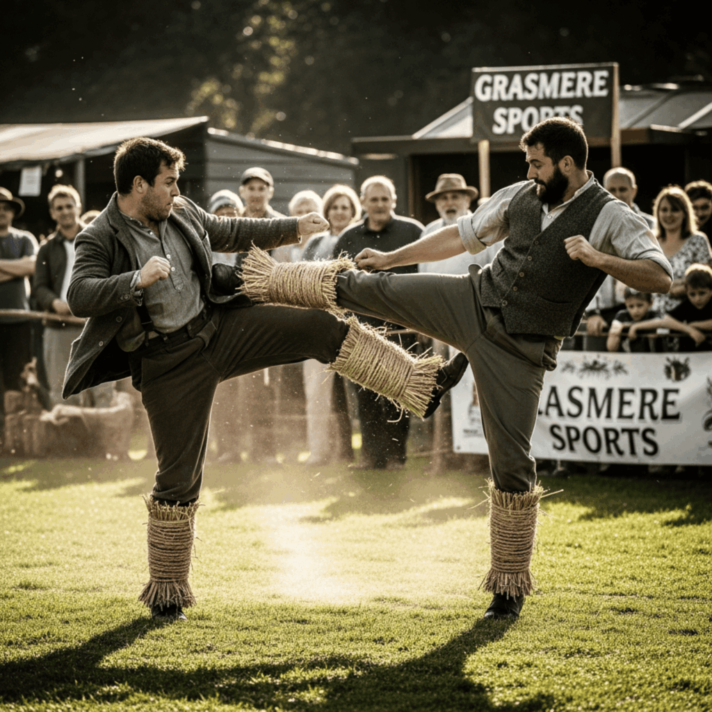 Zwei Männer die sich vor einem Publikum gegenseitig gegen ihre mit Stroh umwickelten Schienbeine treten