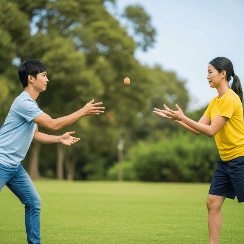 Zwei Menschen die sich gegenseitig ein Ei zuwerfen