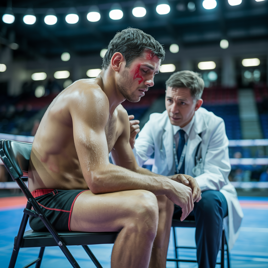 Ein Arzt untersucht einen Athleten nach einem Slap-Fighting-Kampf zur Kontrolle der körperlichen Verfassung.