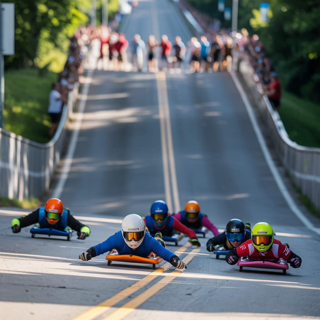 Mehrere Street-Luge-Fahrer starten gemeinsam bei einem Downhill-Rennen auf einer abgesperrten Asphaltstraße.
