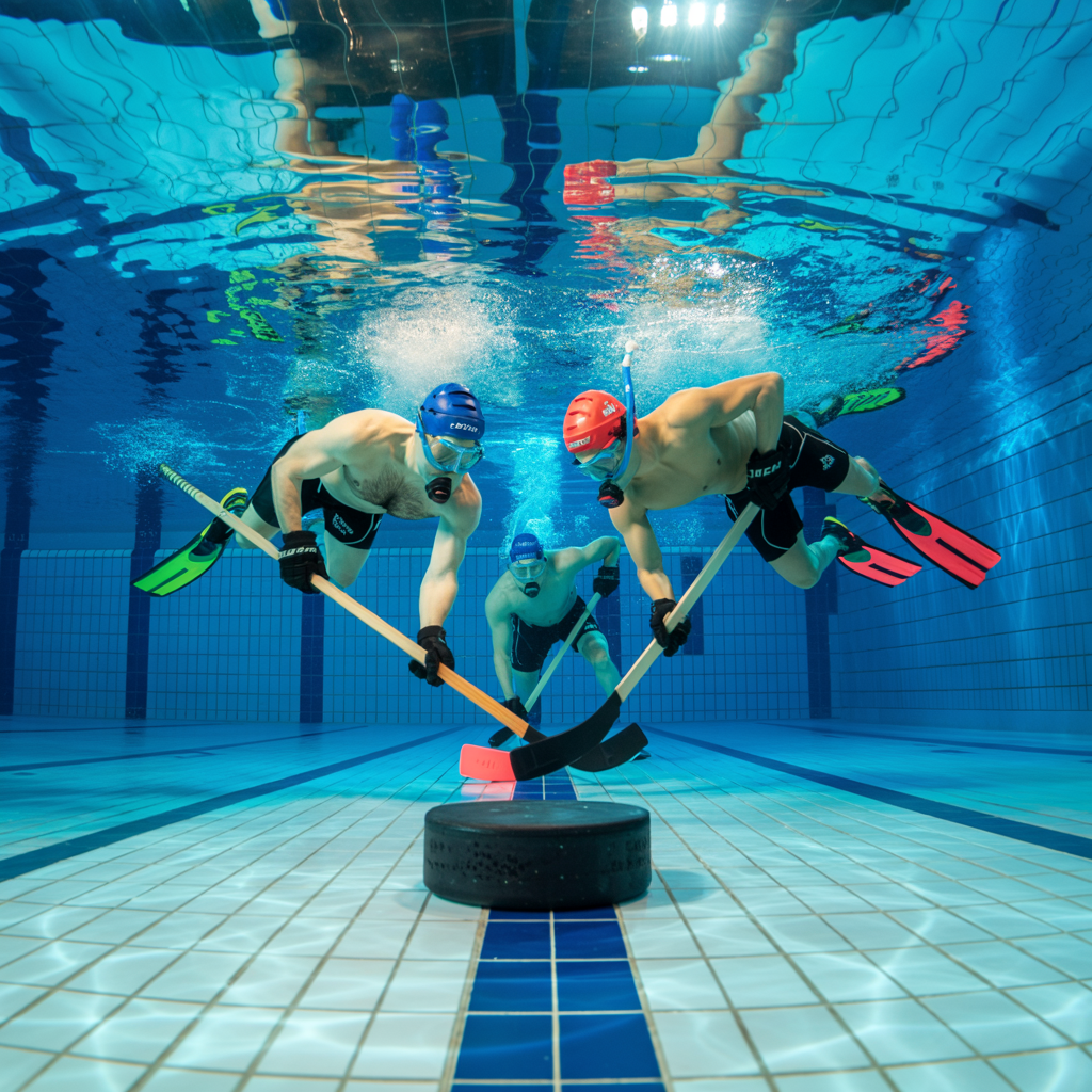 Spielszene beim Underwater Hockey: Zwei Teams kämpfen am Beckenboden eines Schwimmbeckens mit kurzen Schlägern um den Puck.