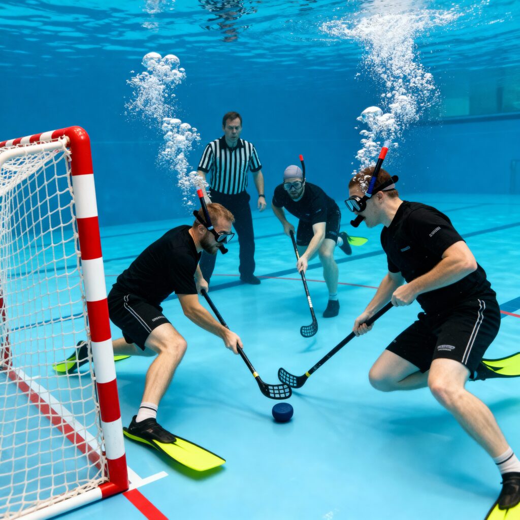 Drei Spieler beim Unterwasserhockey kämpfen mit Flossen, Schnorcheln und Schlägern um den Puck vor dem Tor, während ein Schiedsrichter das Spiel beobachtet.