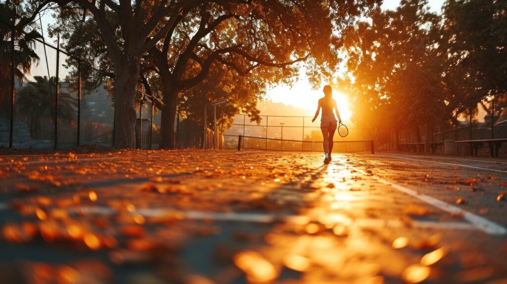 Ein Sportplatz im Herbst mit untergehender Sonne