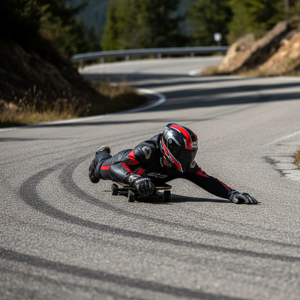 Street-Luge-Athlet steuert sein Board durch Gewichtsverlagerung in einer Kurve auf einer abgesperrten Asphaltstraße.