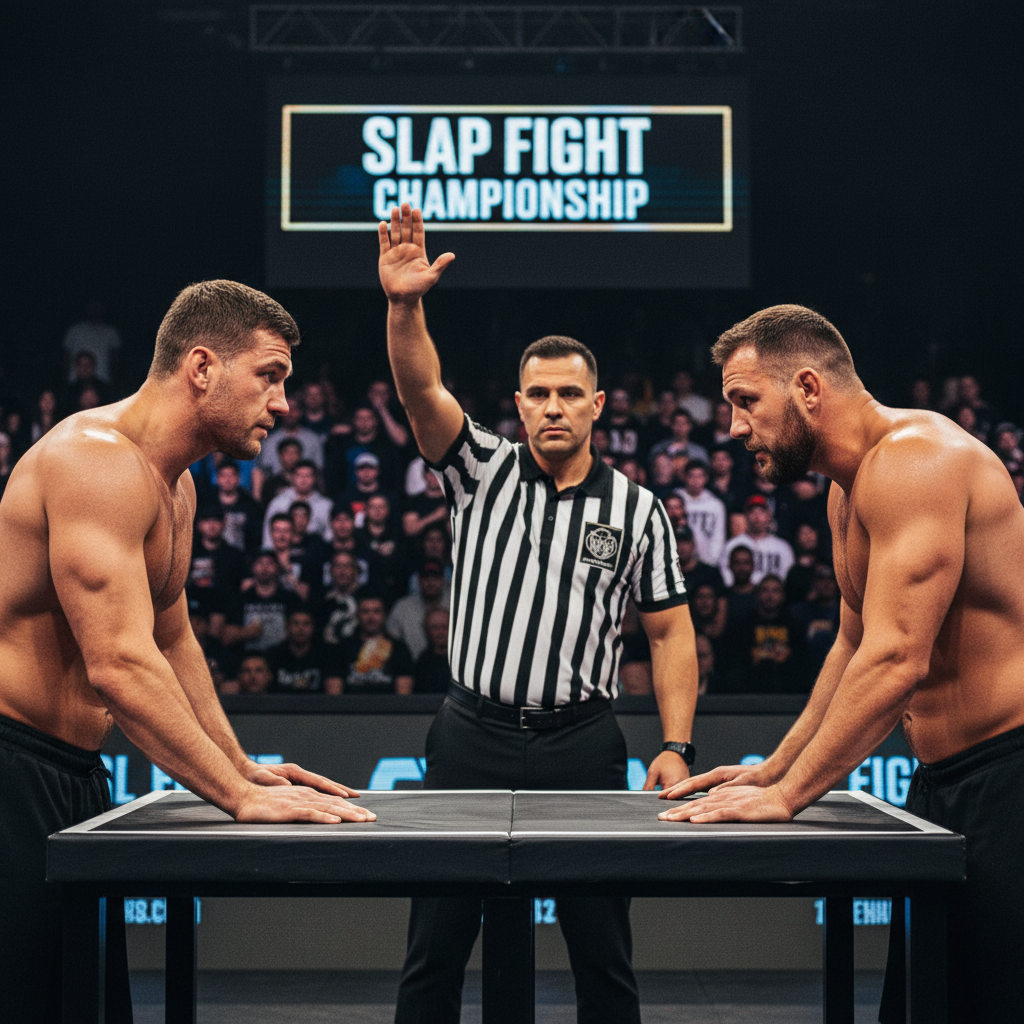 Ein Schiedsrichter überwacht ein Slap-Fighting-Duell, während zwei Kämpfer regelkonform an einem Wettkampftisch stehen.