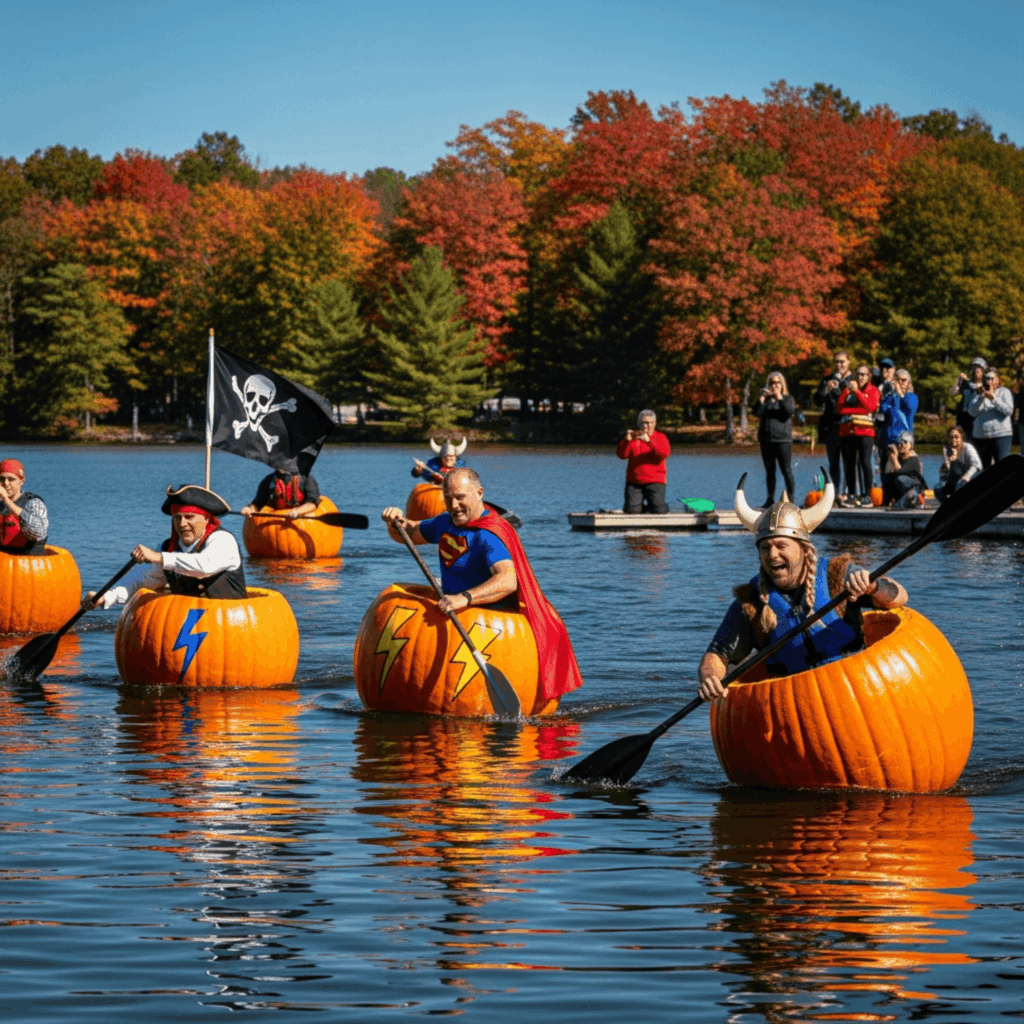Menschen paddeln in Kürbissen