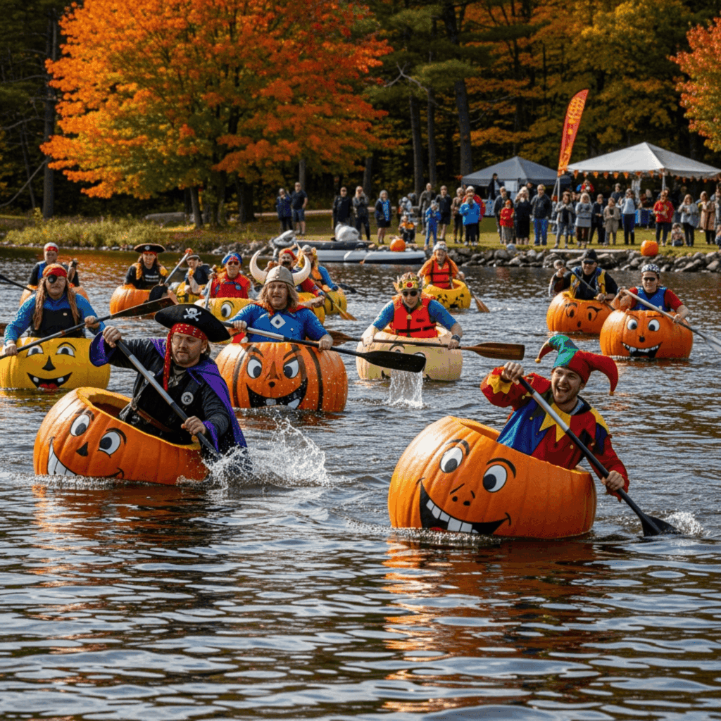 Personen sitzen in einem riesigen Kürbis und paddeln vorwärts