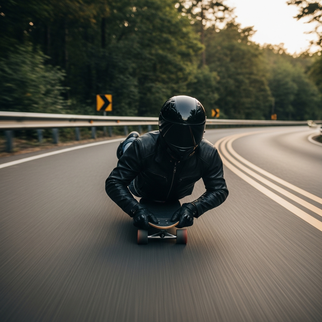 Eine Person trägt einen Helm und liegt auf einem schnellrollenden Skateboard