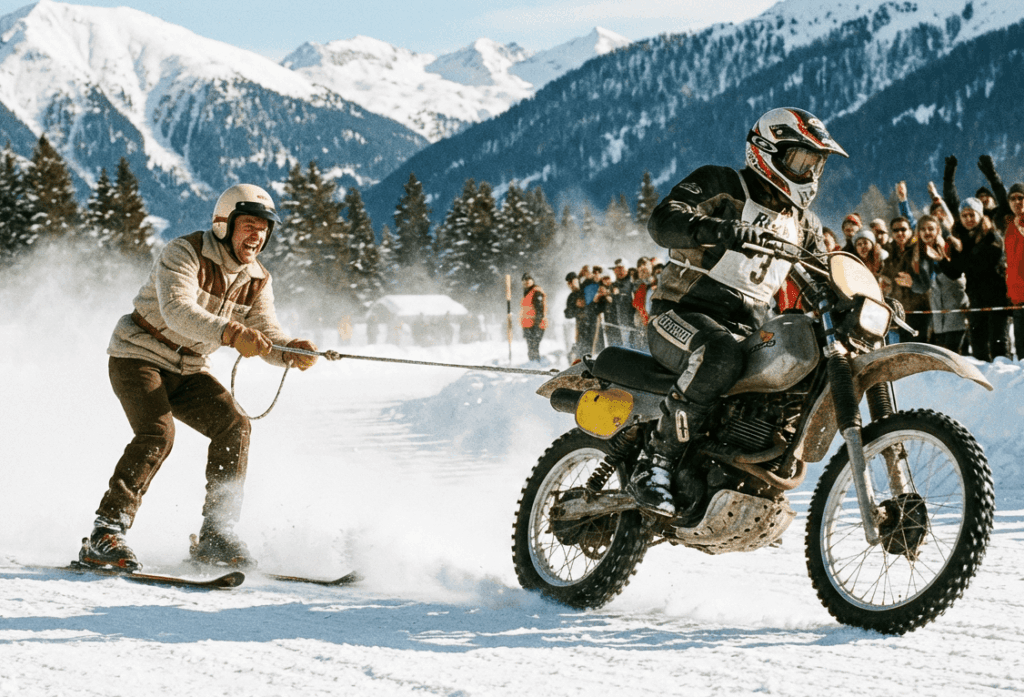 Ein Mann auf Skiern wird von einem Motorrad gezogen