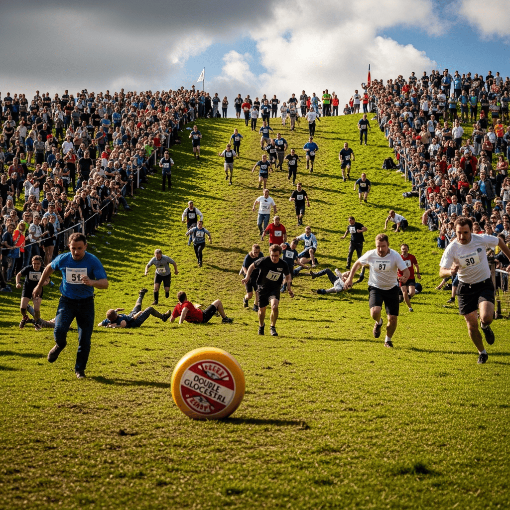 Ein Käse rollt einen Berg runter und viele Menschen rennen hinterher