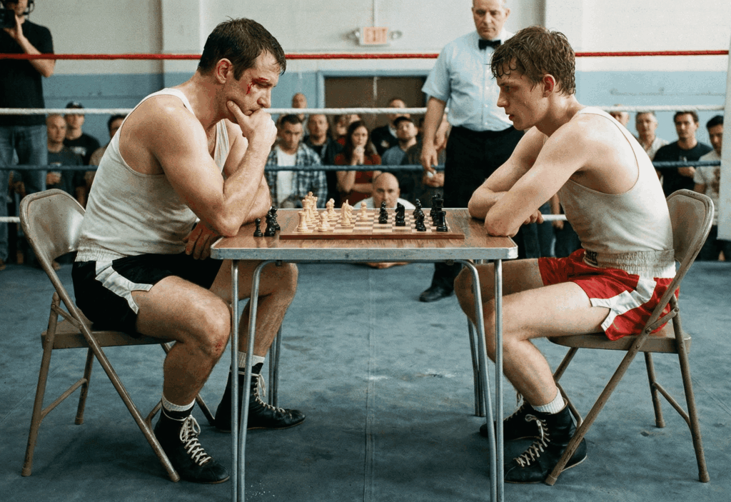 Zwei Boxer sitzen sich gegenüber und spielen Schach