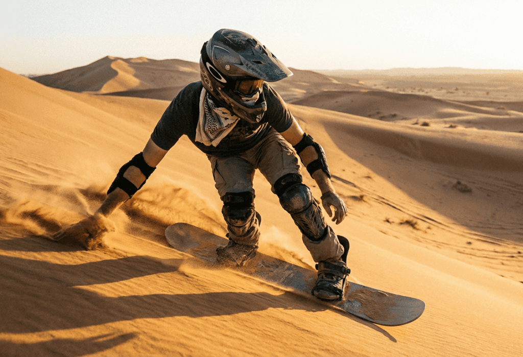 Eine Person mit Helm macht Sandboarding auf einer Düne