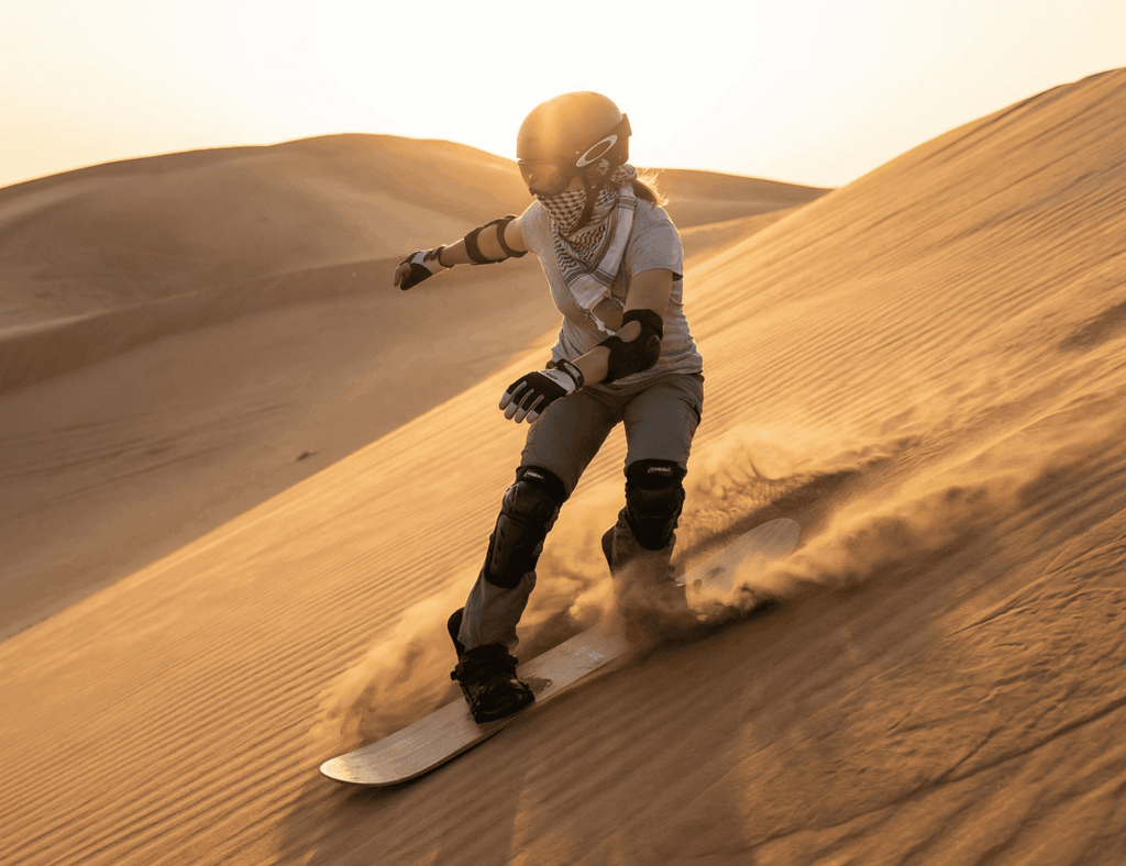 Eine Person surft auf Sand in der Wüste