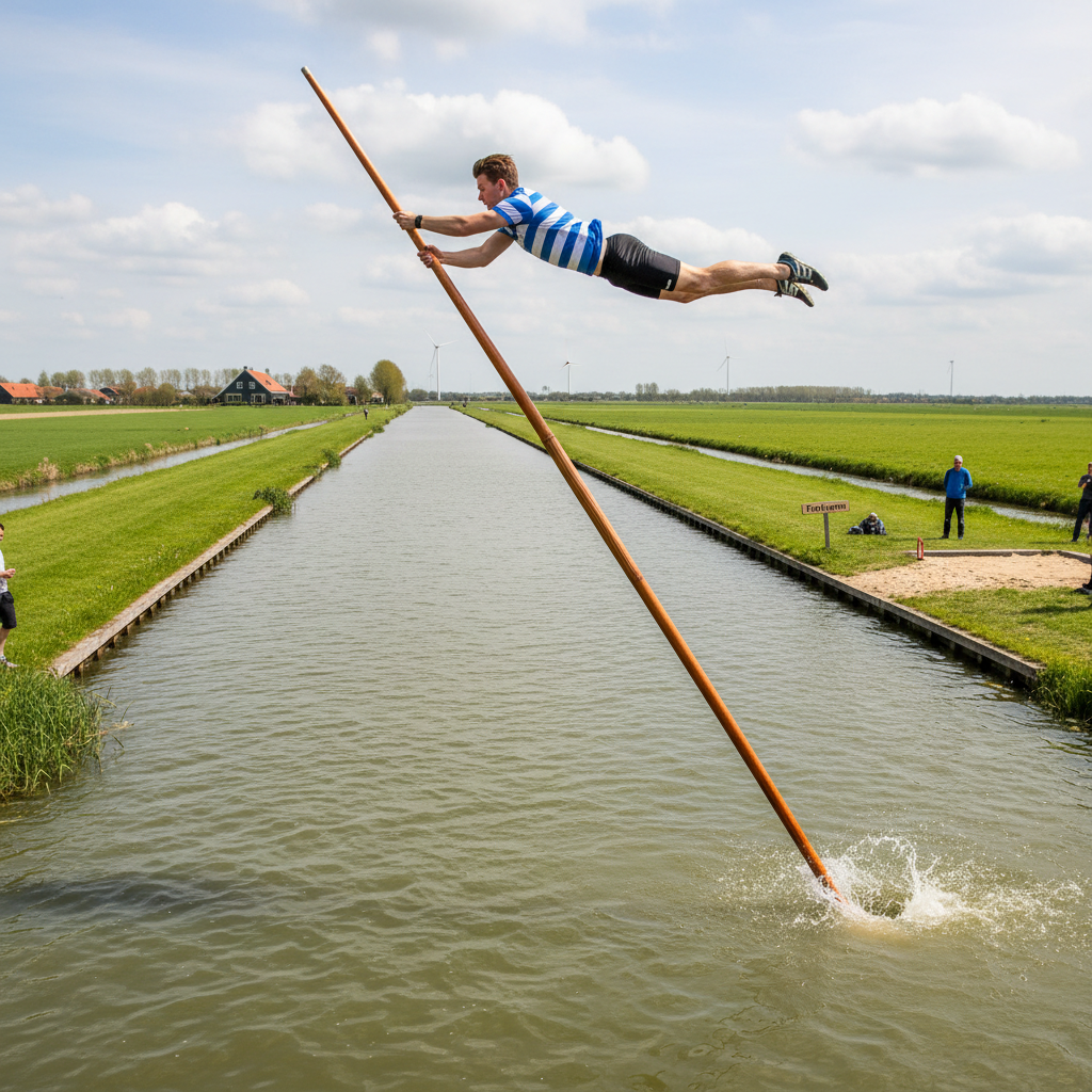 Eine Person springt mit einem Stab über einen Fluss