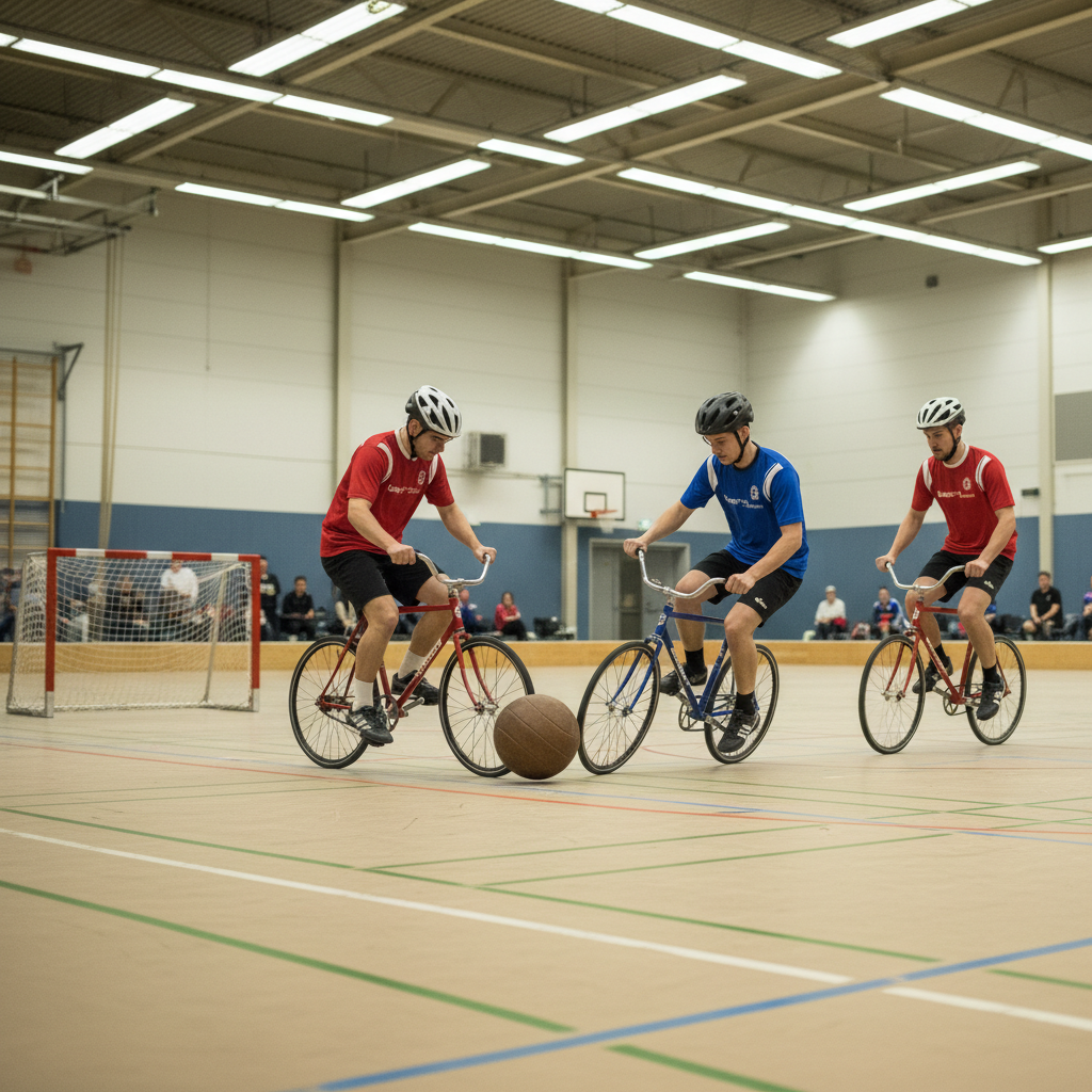 Menschen die Fussball auf Fahrrädern in einer Halle spielen