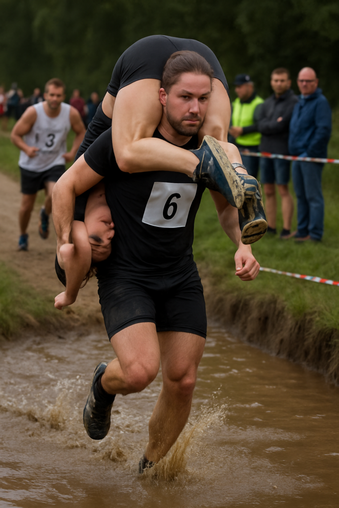 Wife Carrying - Ein Mann trägt in der verbreiteten Targe-Technik "Estonian Carry" ein Frau 